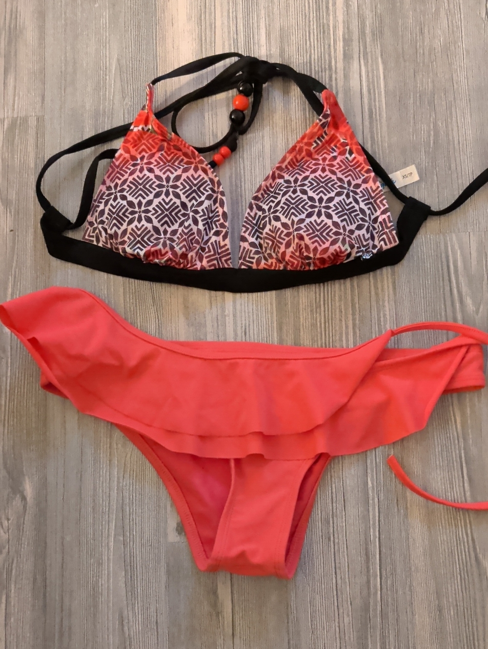 Roxy Coral Pattern Triangle Bikini Set with Black Trim
